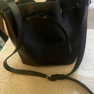 B Russo Black Faux-Leather Bucket Bag with gold hardware & draw string closure